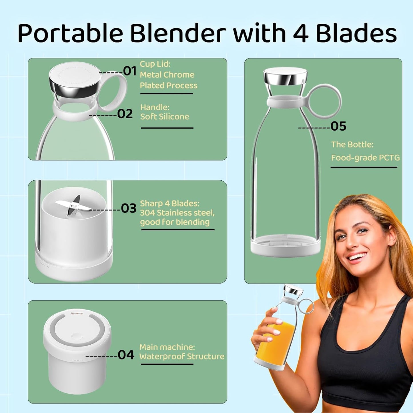 Asa Vea Portable Blender, Mini Blender for Smoothies and Shakes with 4 Blades, 11 Oz Personal Size Blender with Travel Lid and USB Rechargeable for Kitchen, Office, Gym (Pink)