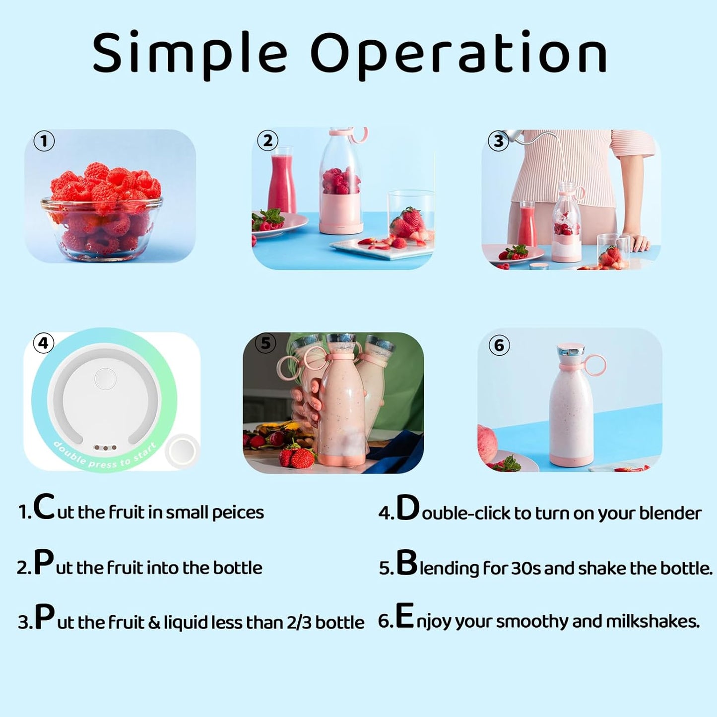 Asa Vea Portable Blender, Mini Blender for Smoothies and Shakes with 4 Blades, 11 Oz Personal Size Blender with Travel Lid and USB Rechargeable for Kitchen, Office, Gym (Pink)