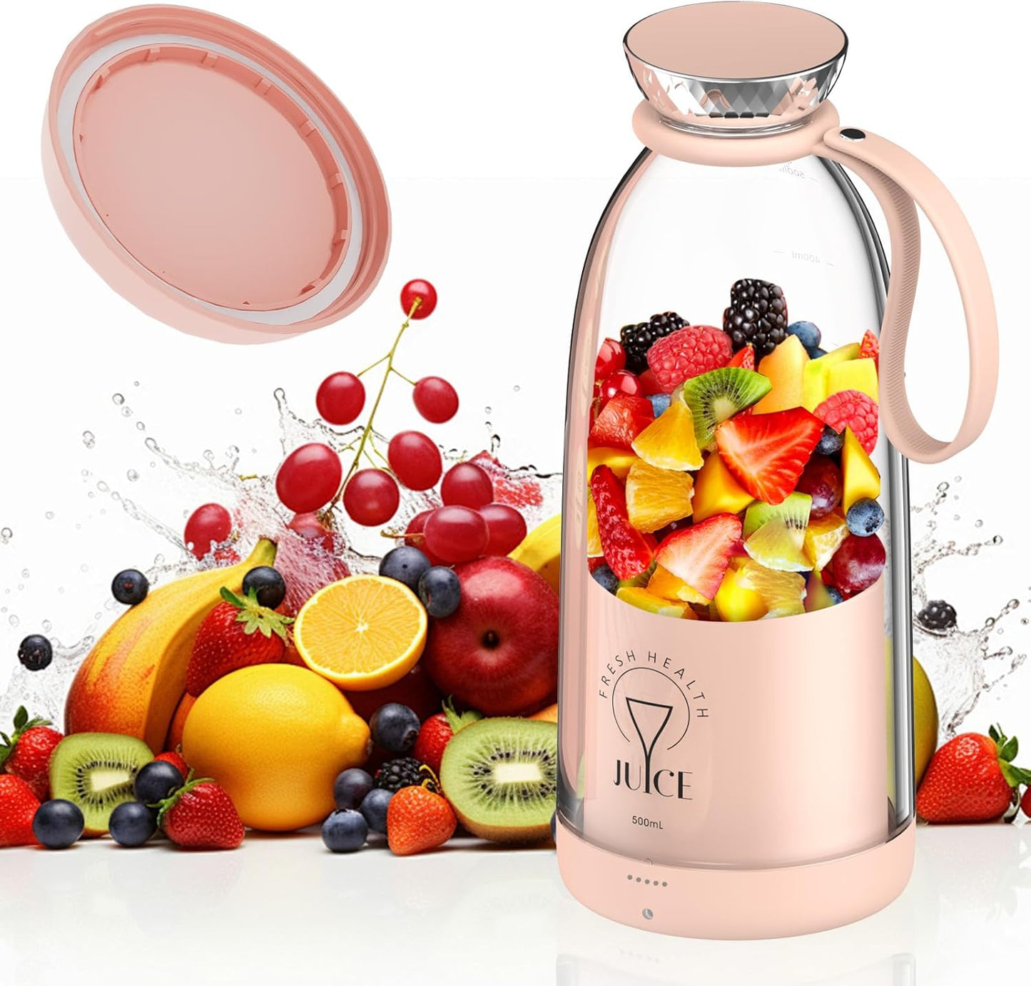 Asa Vea Portable Blender, Mini Blender for Smoothies and Shakes with 4 Blades, 11 Oz Personal Size Blender with Travel Lid and USB Rechargeable for Kitchen, Office, Gym (Pink)