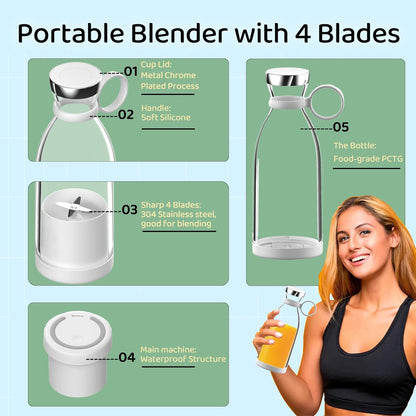 Asa Vea Portable Blender, Mini Blender for Smoothies and Shakes with 4 Blades, 11 Oz Personal Size Blender with Travel Lid and USB Rechargeable for Kitchen, Office, Gym (Pink)